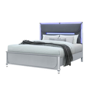 HomeRoots Silver Upholstered King Bed Frame with Integrated Lighting - Modern Gray Wood Design & Comfort 634339