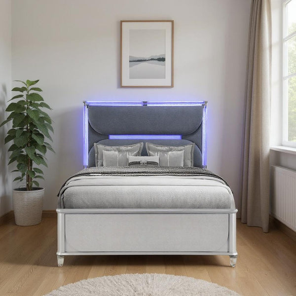 HomeRoots Silver Upholstered Queen Bed Frame with Integrated Lighting - Modern Design & Comfort in Gray 634340
