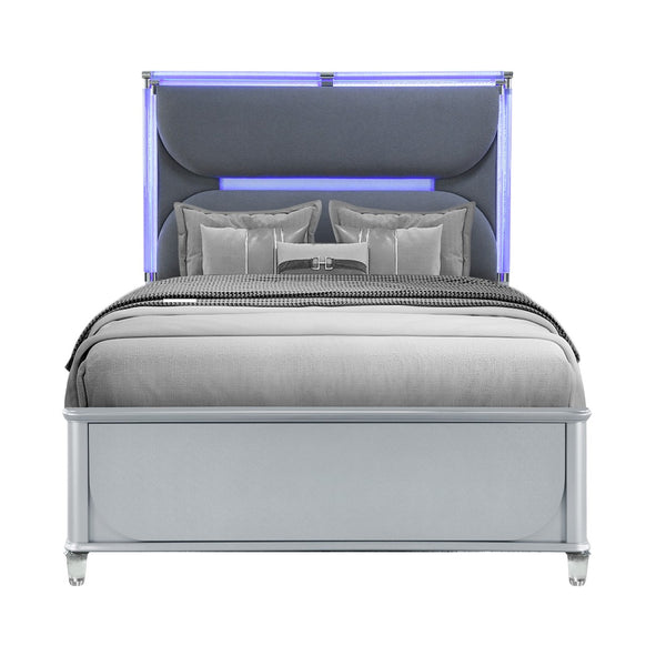 HomeRoots Silver Upholstered Queen Bed Frame with Integrated Lighting - Modern Design & Comfort in Gray 634340