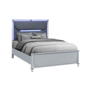 HomeRoots Silver Upholstered Queen Bed Frame with Integrated Lighting - Modern Design & Comfort in Gray 634340
