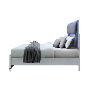 HomeRoots Silver Upholstered Queen Bed Frame with Integrated Lighting - Modern Design & Comfort in Gray 634340