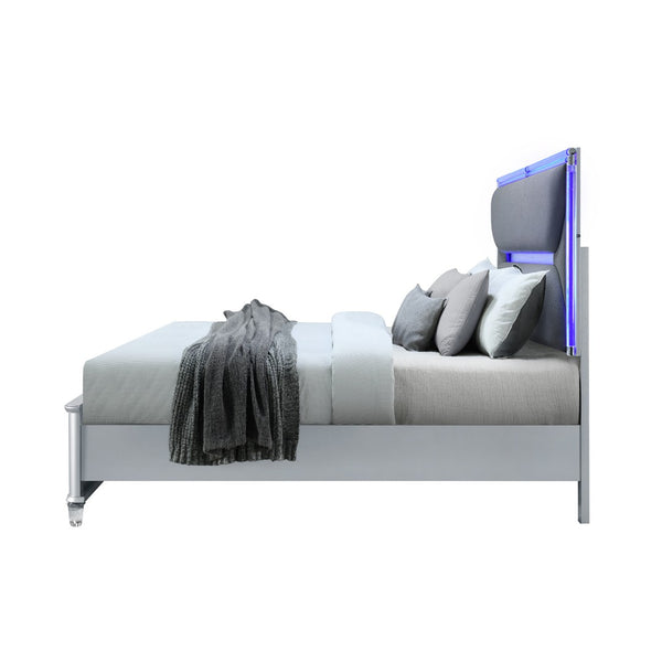 HomeRoots Silver Upholstered Queen Bed Frame with Integrated Lighting - Modern Design & Comfort in Gray 634340