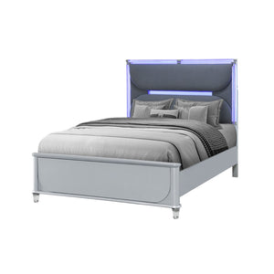 HomeRoots Silver Upholstered Queen Bed Frame with Integrated Lighting - Modern Design & Comfort in Gray 634340