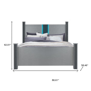 HomeRoots Silver Glam Four Poster Bed Frame with Faux Crystal Accents, LED Headboard & Built-In Speakers 634343