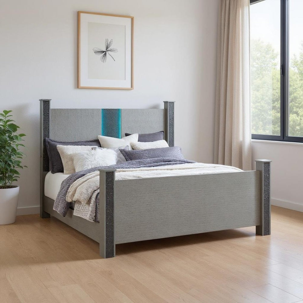 HomeRoots Silver Glam Four Poster Bed Frame with Faux Crystal Accents, LED Headboard & Built-In Speakers 634343