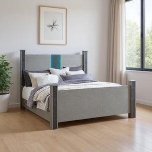 HomeRoots Silver Glam Four Poster Bed Frame with Faux Crystal Accents, LED Headboard & Built-In Speakers 634343