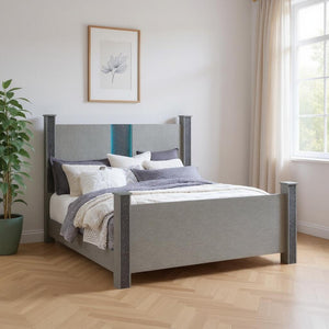 HomeRoots Silver Glamorous Four Poster Bed Frame with LED Lights, Faux Crystals & Built-in Speakers - Luxurious Design 634344