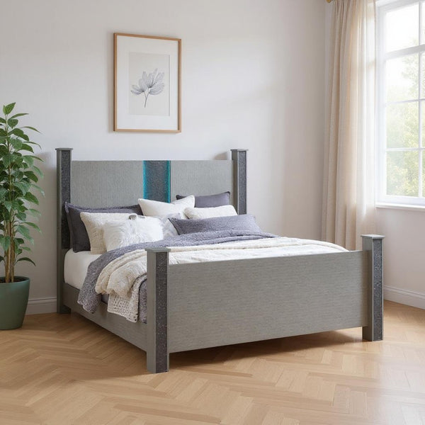 HomeRoots Silver Glamorous Four Poster Bed Frame with LED Lights, Faux Crystals & Built-in Speakers - Luxurious Design 634344