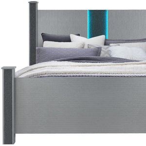 HomeRoots Silver Glamorous Four Poster Bed Frame with LED Lights, Faux Crystals & Built-in Speakers - Luxurious Design 634344