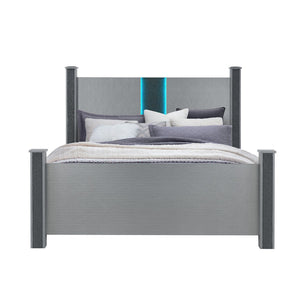 HomeRoots Silver Glamorous Four Poster Bed Frame with LED Lights, Faux Crystals & Built-in Speakers - Luxurious Design 634344
