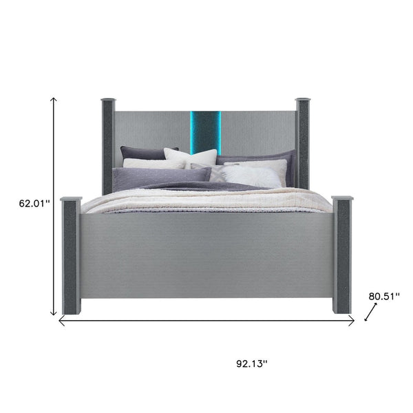 HomeRoots Silver Glamorous Four Poster Bed Frame with LED Lights, Faux Crystals & Built-in Speakers - Luxurious Design 634344