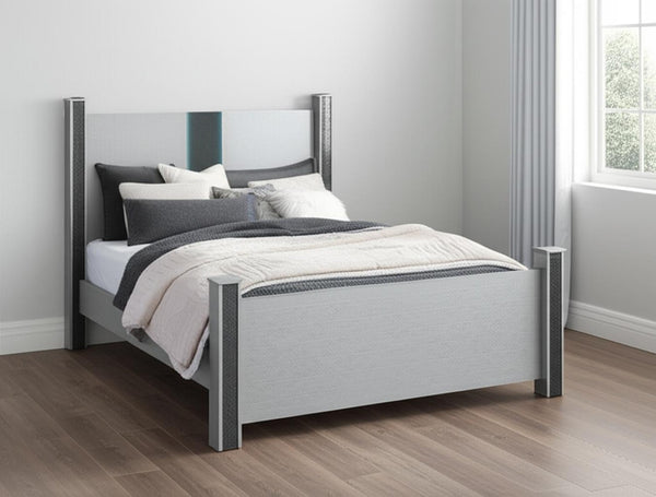 HomeRoots Silver Glam Queen Four Poster Bed Frame with Faux Crystals, LED Lighting & Integrated Speakers 634345
