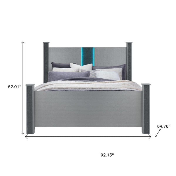 HomeRoots Silver Glam Queen Four Poster Bed Frame with Faux Crystals, LED Lighting & Integrated Speakers 634345