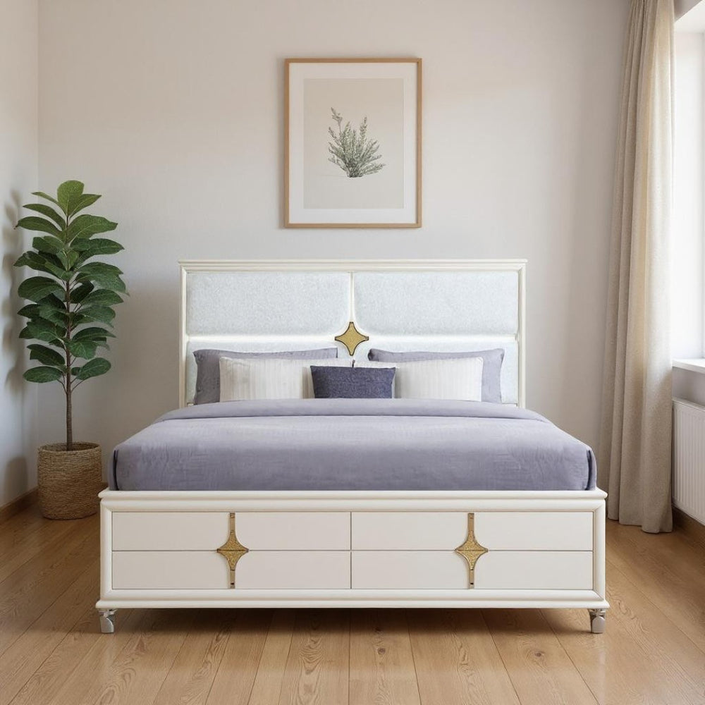 HomeRoots Gold Upholstered King Bed Frame with Integrated Lighting, White Wood Accents, and Luxe Comfort 634346