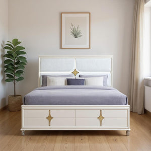 HomeRoots Gold Upholstered King Bed Frame with Integrated Lighting, White Wood Accents, and Luxe Comfort 634346