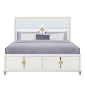 HomeRoots Gold Upholstered King Bed Frame with Integrated Lighting, White Wood Accents, and Luxe Comfort 634346