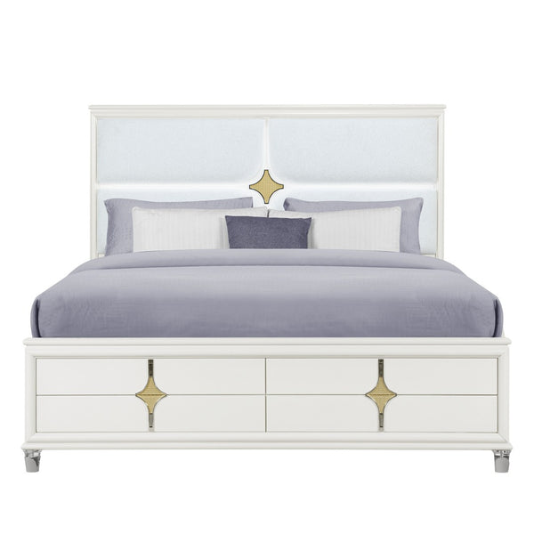 HomeRoots Gold Upholstered King Bed Frame with Integrated Lighting, White Wood Accents, and Luxe Comfort 634346