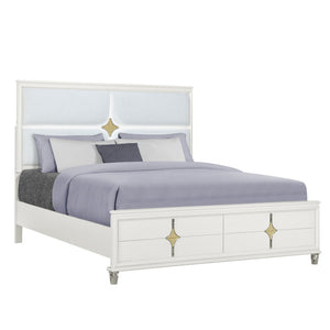 HomeRoots Gold Upholstered King Bed Frame with Integrated Lighting, White Wood Accents, and Luxe Comfort 634346