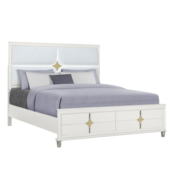 HomeRoots Gold Upholstered King Bed Frame with Integrated Lighting, White Wood Accents, and Luxe Comfort 634346