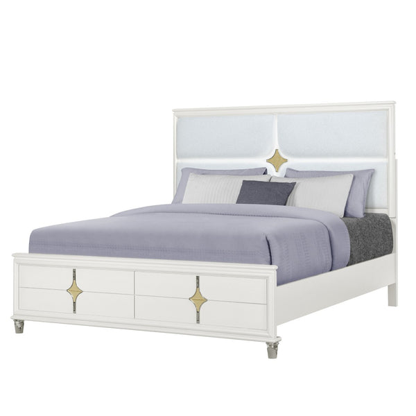 HomeRoots Gold Upholstered King Bed Frame with Integrated Lighting, White Wood Accents, and Luxe Comfort 634346