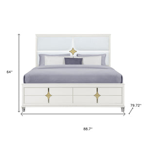 HomeRoots Gold Upholstered King Bed Frame with Integrated Lighting, White Wood Accents, and Luxe Comfort 634346