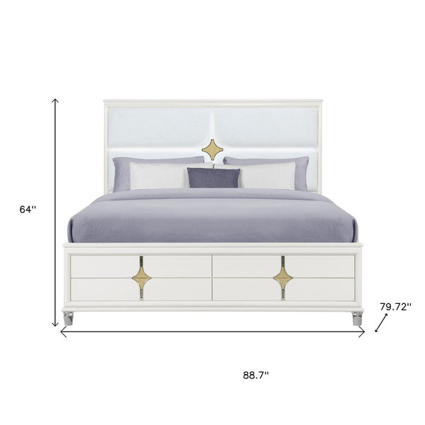 HomeRoots Gold Upholstered King Bed Frame with Integrated Lighting, White Wood Accents, and Luxe Comfort 634346
