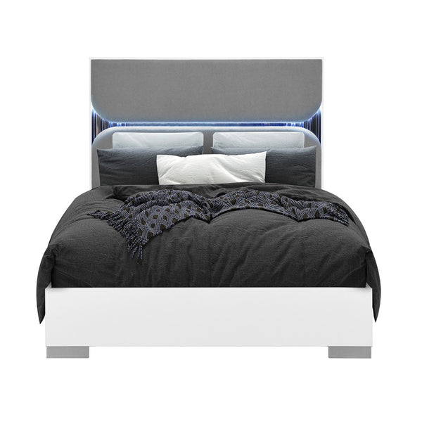 HomeRoots White Upholstered Queen Bed Frame with Integrated Lighting – Modern Gray Wood Design for Comfort 634349