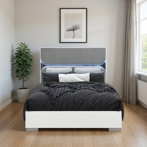 HomeRoots White Upholstered Queen Bed Frame with Integrated Lighting – Modern Gray Wood Design for Comfort 634349