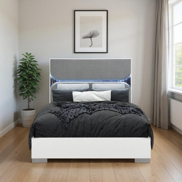 HomeRoots White Upholstered Queen Bed Frame with Integrated Lighting – Modern Gray Wood Design for Comfort 634349