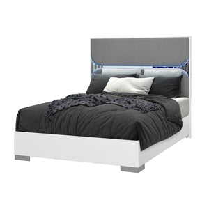 HomeRoots White Upholstered Queen Bed Frame with Integrated Lighting – Modern Gray Wood Design for Comfort 634349