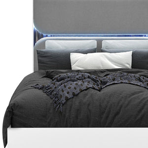HomeRoots White Upholstered Queen Bed Frame with Integrated Lighting – Modern Gray Wood Design for Comfort 634349
