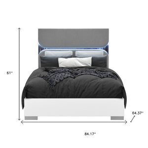 HomeRoots White Upholstered Queen Bed Frame with Integrated Lighting – Modern Gray Wood Design for Comfort 634349