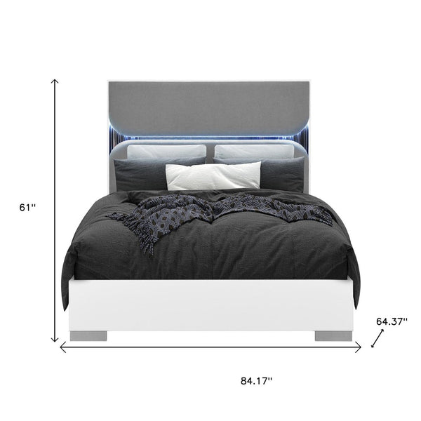 HomeRoots White Upholstered Queen Bed Frame with Integrated Lighting – Modern Gray Wood Design for Comfort 634349