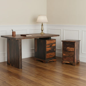 HomeRoots 54" Dark Brown Solid Wood Writing Desk & Bookshelf Set - Mid-Century Modern with Storage Drawers 634356