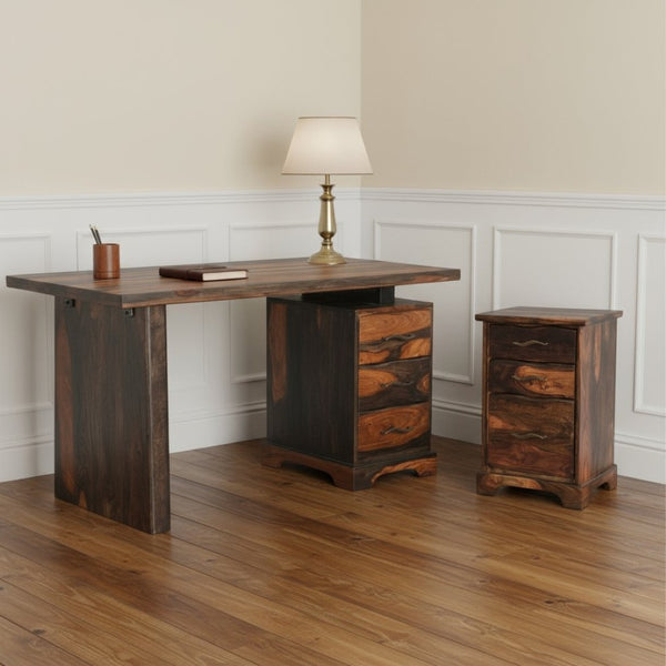 HomeRoots 54" Dark Brown Solid Wood Writing Desk & Bookshelf Set - Mid-Century Modern with Storage Drawers 634356