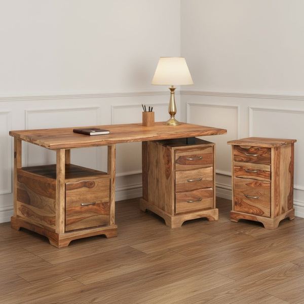 HomeRoots 68" Brown Solid Wood Writing Desk & Bookshelf Set – Durable, Assembled, Perfect for Home Office! 634357