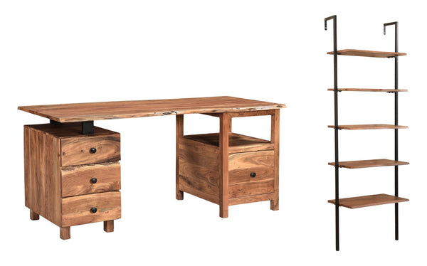 HomeRoots 69" Brown Solid Wood Wall-Mounted Writing Desk & Bookshelf with 4 Drawers for Stylish Organization 634359