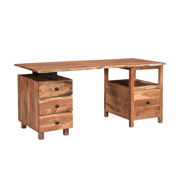 HomeRoots 69" Brown Solid Wood Wall-Mounted Writing Desk & Bookshelf with 4 Drawers for Stylish Organization 634359