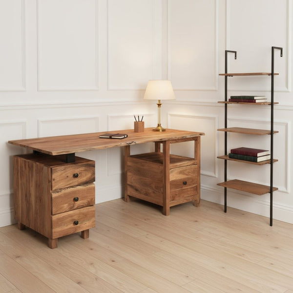 HomeRoots 69" Brown Solid Wood Wall-Mounted Writing Desk & Bookshelf with 4 Drawers for Stylish Organization 634359