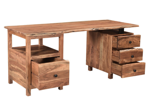 HomeRoots 69" Brown Solid Wood Wall-Mounted Writing Desk & Bookshelf with 4 Drawers for Stylish Organization 634359
