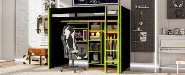 English Elm Full Size Loft Bed with Rgb Lighting Desk Open Wardrobe and Storage for Gaming Rooms Green LT000277AAG