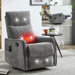 English Elm Blue Fabric Swivel Rocker Recliner with Massage Heat Nodes for Living Room Comfort Dark Gray W1803P321841