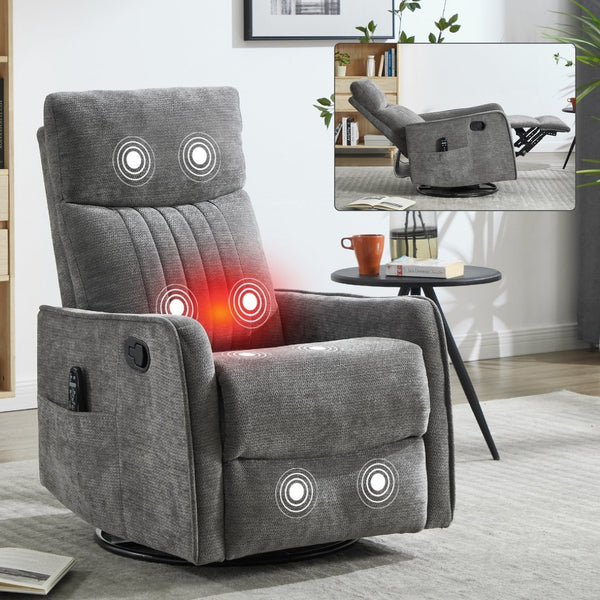 English Elm Blue Fabric Swivel Rocker Recliner with Massage Heat Nodes for Living Room Comfort Dark Gray W1803P321841
