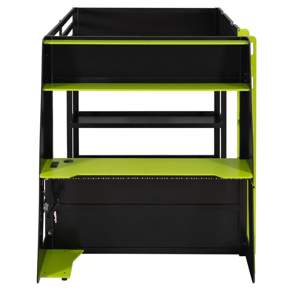 English Elm Full Size Gaming Loft Bed with Led Lighting Desk Shelves and Usb Charging Ports N820S00076F