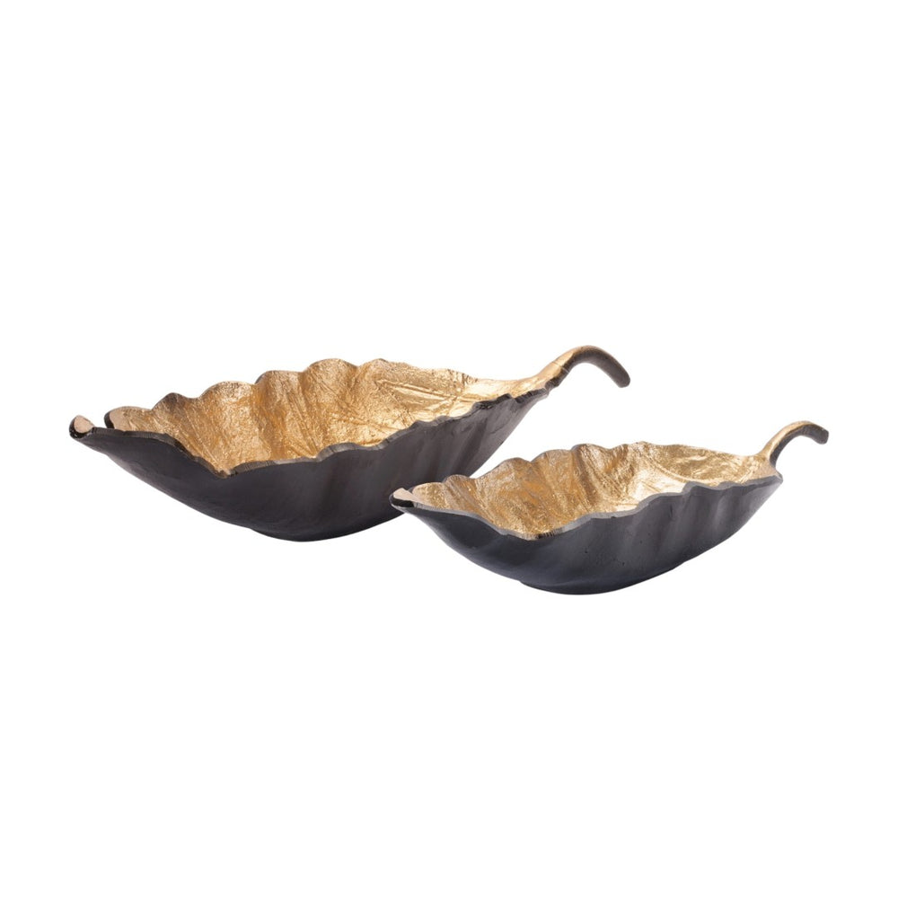HomeRoots Set of Two Rustic Leaf Centerpiece Bowls - Black & Gold Cast Aluminum for Elegant Table Decor 634505