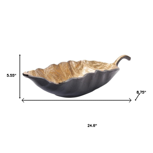 HomeRoots Set of Two Rustic Leaf Centerpiece Bowls - Black & Gold Cast Aluminum for Elegant Table Decor 634505