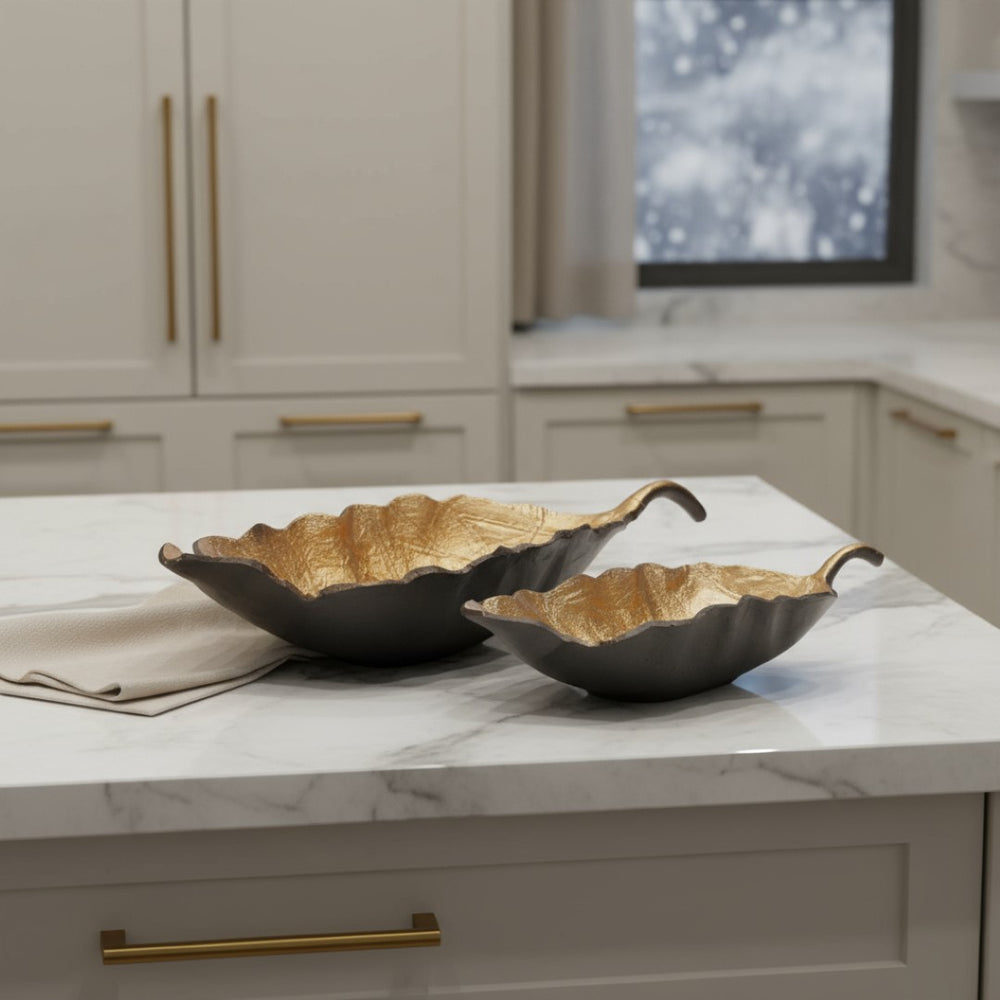 HomeRoots Set of Two Rustic Leaf Centerpiece Bowls - Black & Gold Cast Aluminum for Elegant Table Decor 634505