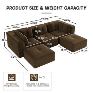 English Elm Modern Corduroy Sectional Sofa with Tufted Cushions Dual Ottomans and Deep Seating Brown W714S01809