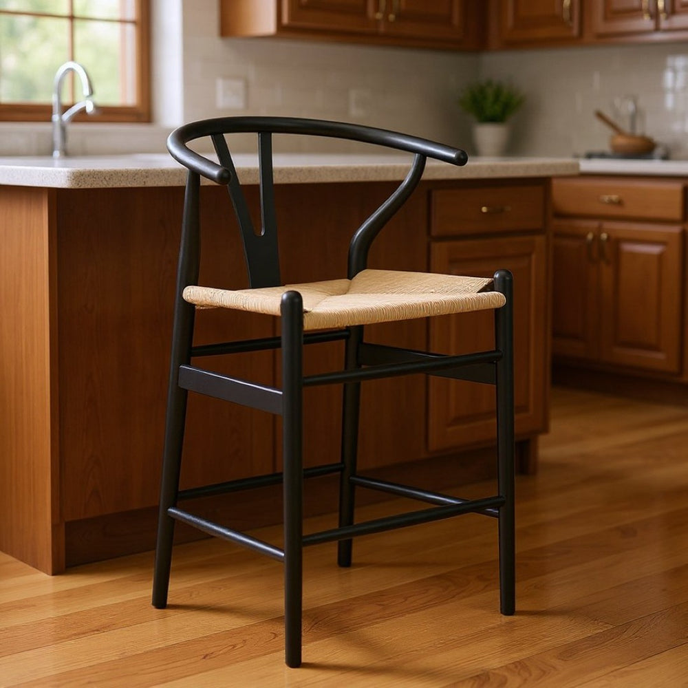 HomeRoots 27" Mid-Century Beige and Black Solid Wood Counter Height Bar Chair for Stylish Dining Spaces 634574