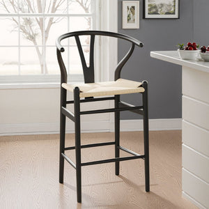 HomeRoots 27" Mid-Century Beige and Black Solid Wood Counter Height Bar Chair for Stylish Dining Spaces 634574